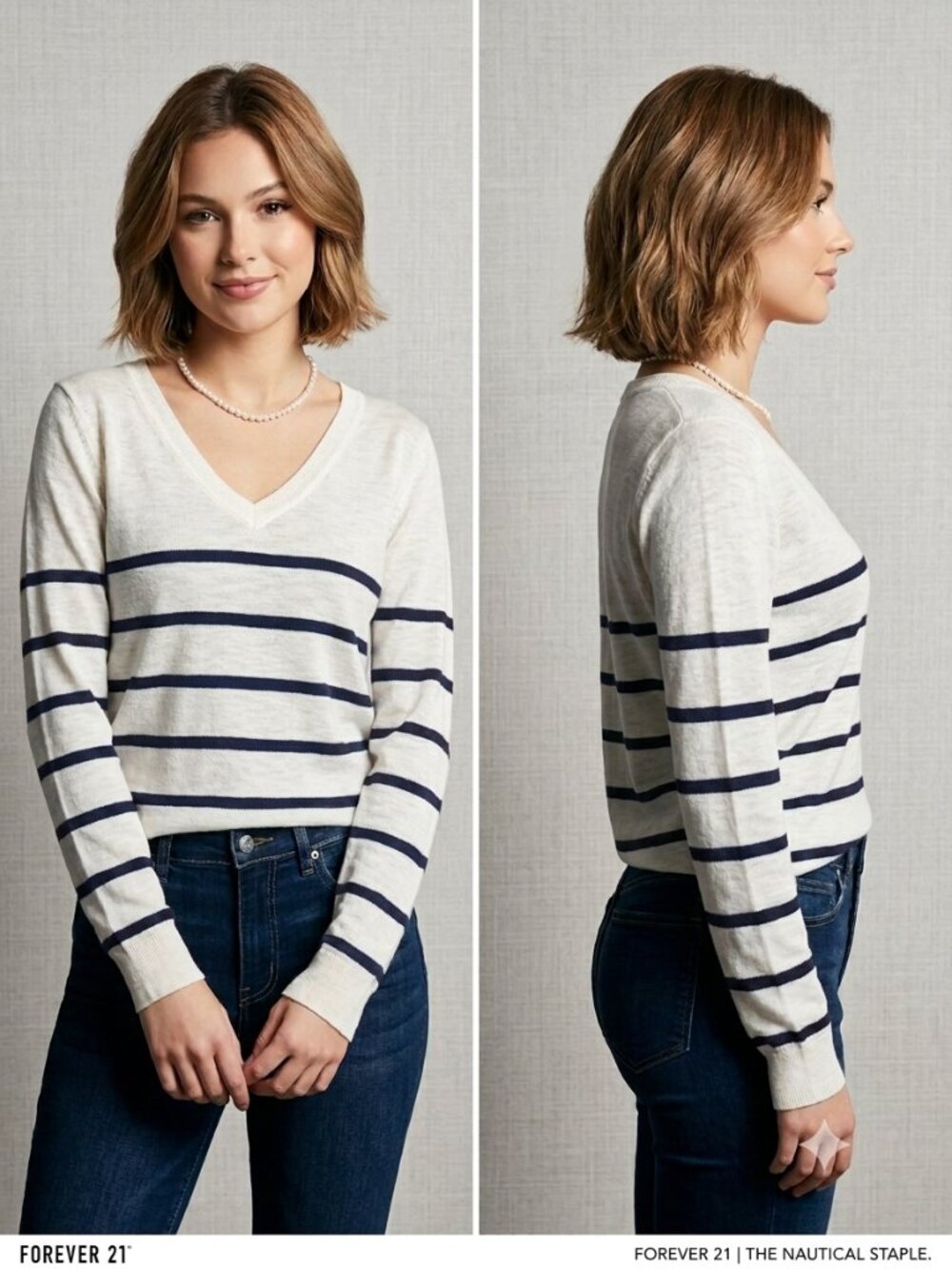 Forever 21 V-Neck White w/ Blue Stripes Pullover Sweater Women's Size Medium NEW
